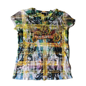 BLEU Shirt Womens Large Rose Peace Rhinestone Wing Y2K Graffiti‎ Graphic TShirt